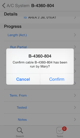iPhone app screenshot of marking a cable as run